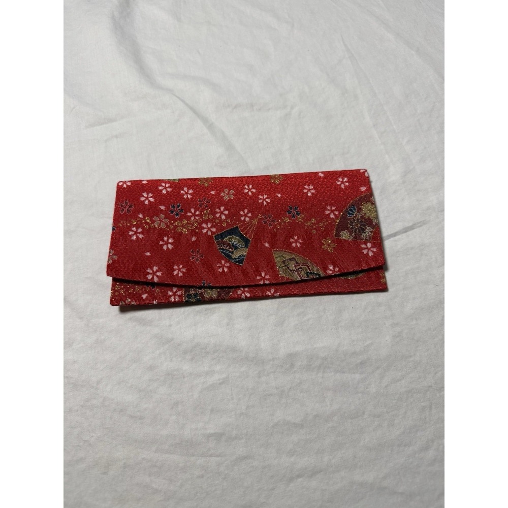 Chinese Red Theme Floral Fan Checkbook Sleeve Holder Shimmer
